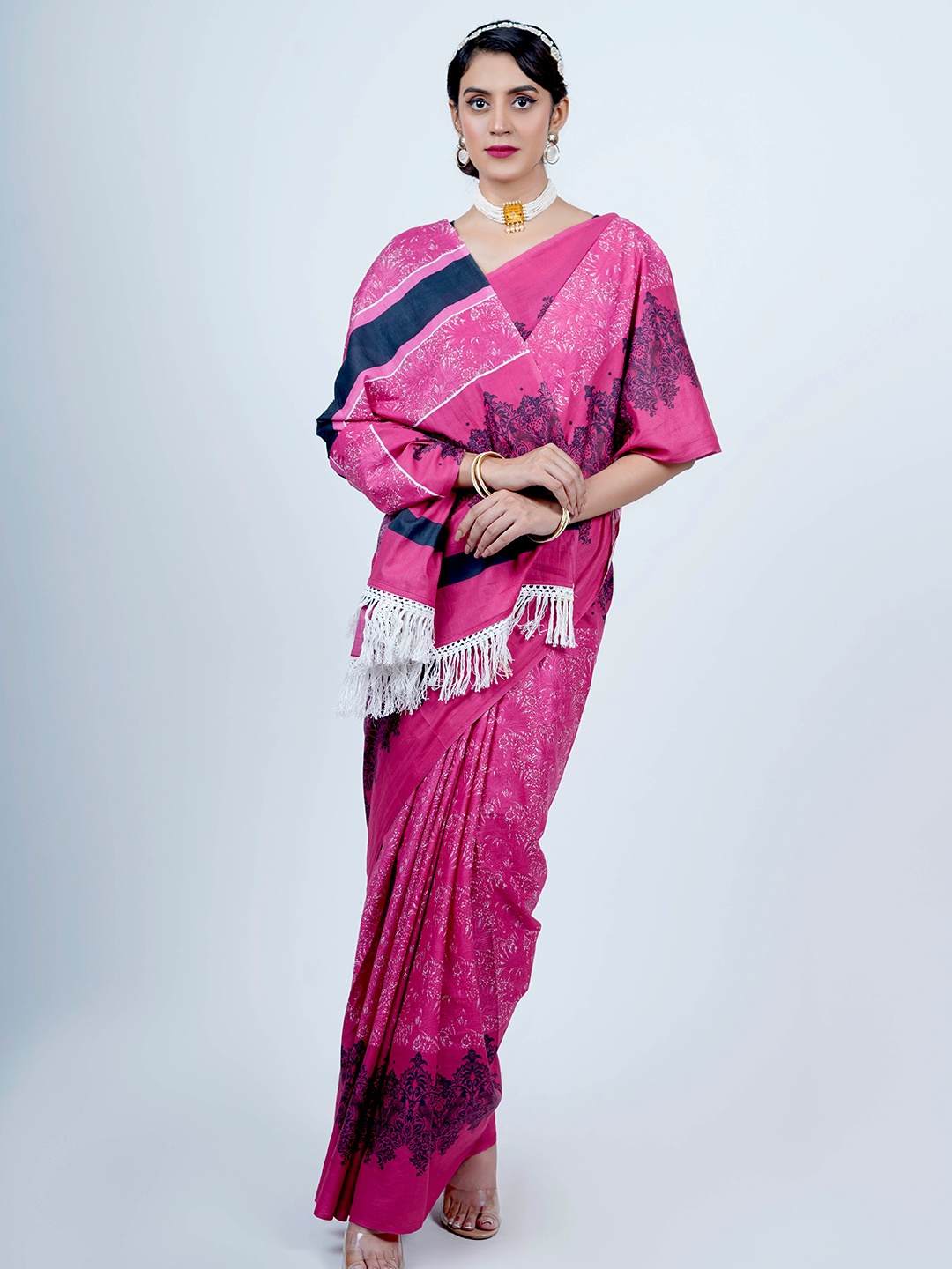 

BUTA BUTI Floral Printed Pure Cotton Saree, Fuchsia