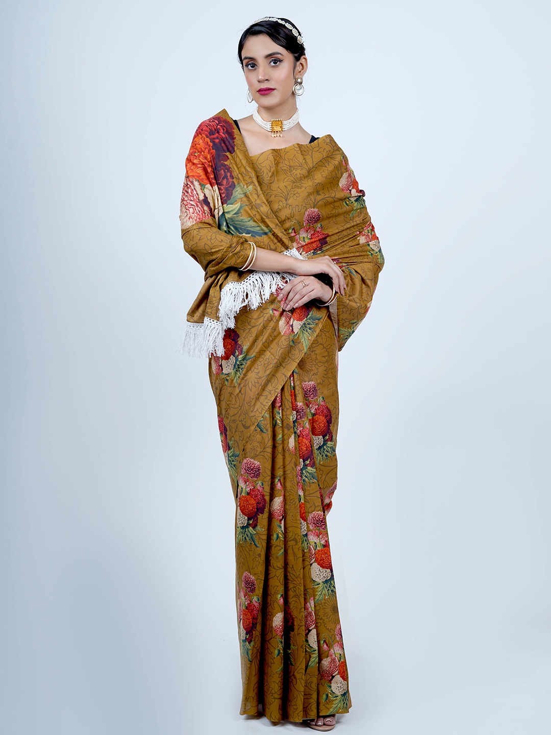 

BUTA BUTI Floral Printed Pure Cotton Saree, Bronze