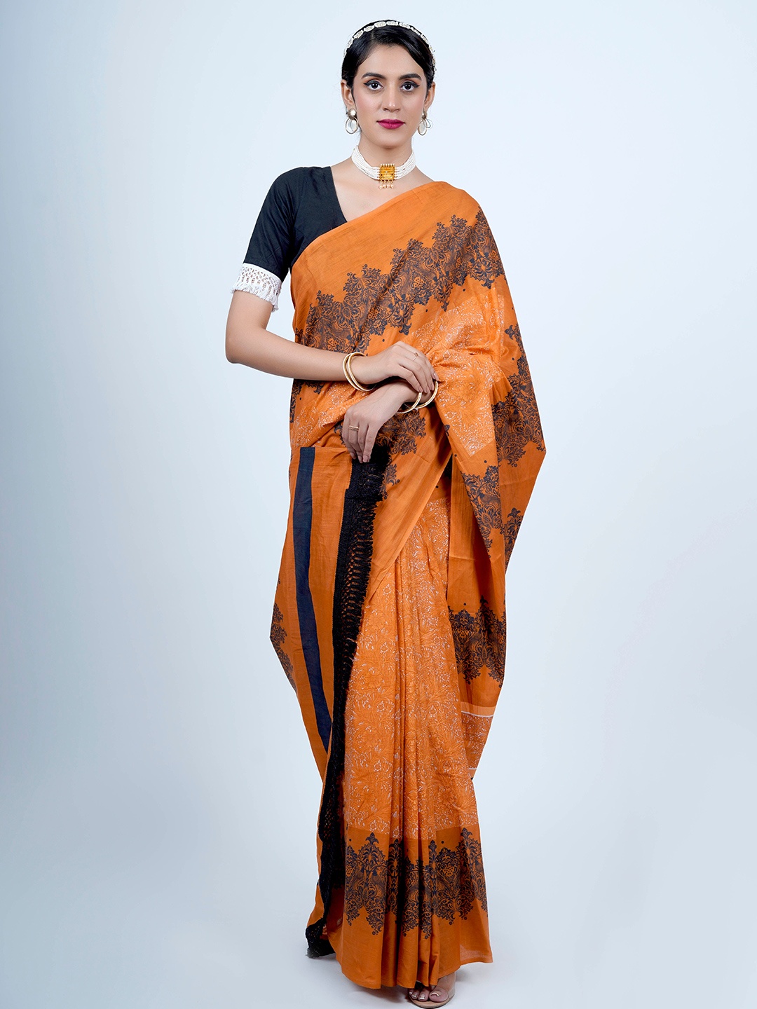 

BUTA BUTI Ethnic Motifs Printed Pure Cotton Saree, Orange