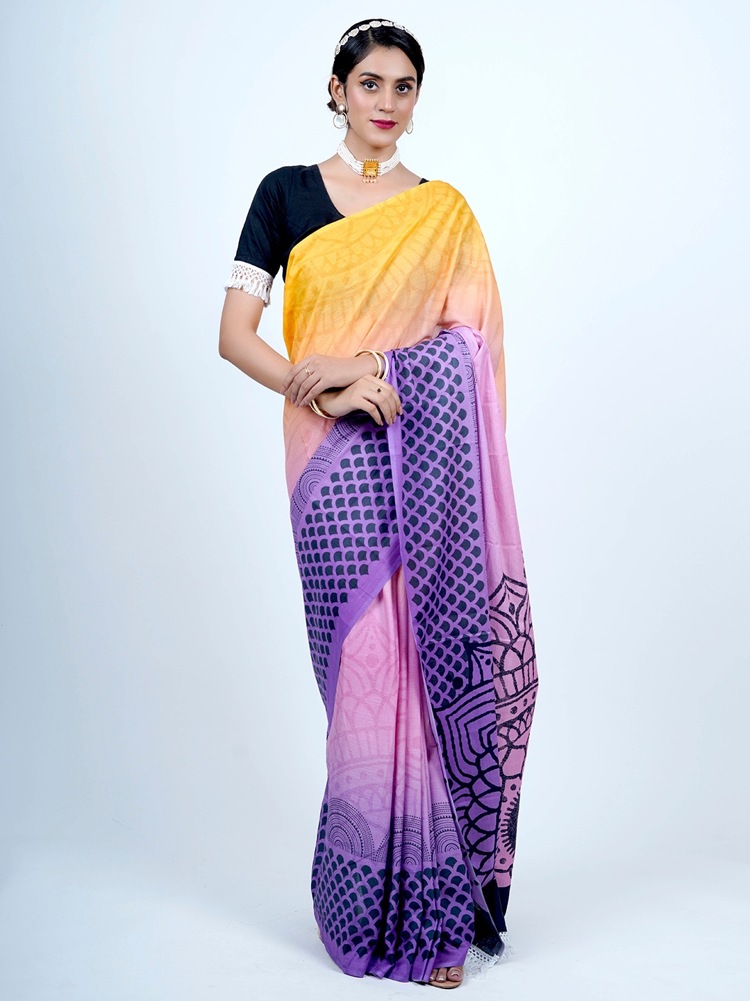 

BUTA BUTI Floral Printed Tasselled Pure Cotton Saree, Yellow