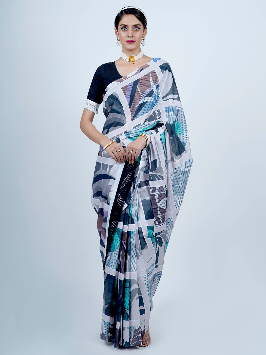 

BUTA BUTI Abstract Printed Pure Cotton Saree, White