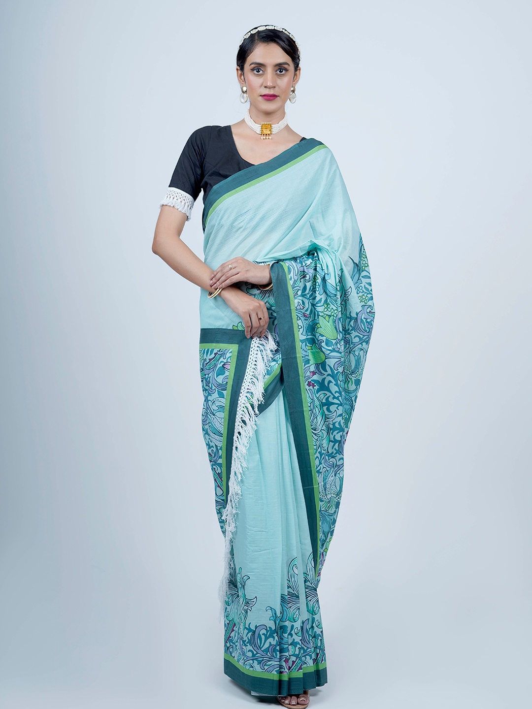 

BUTA BUTI Floral Printed Pure Cotton Saree, Sea green