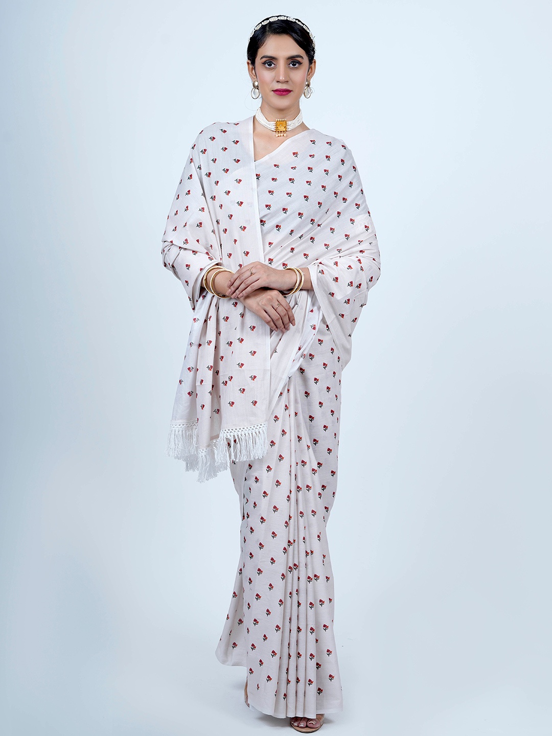 

BUTA BUTI Floral Printed Pure Cotton Saree, White