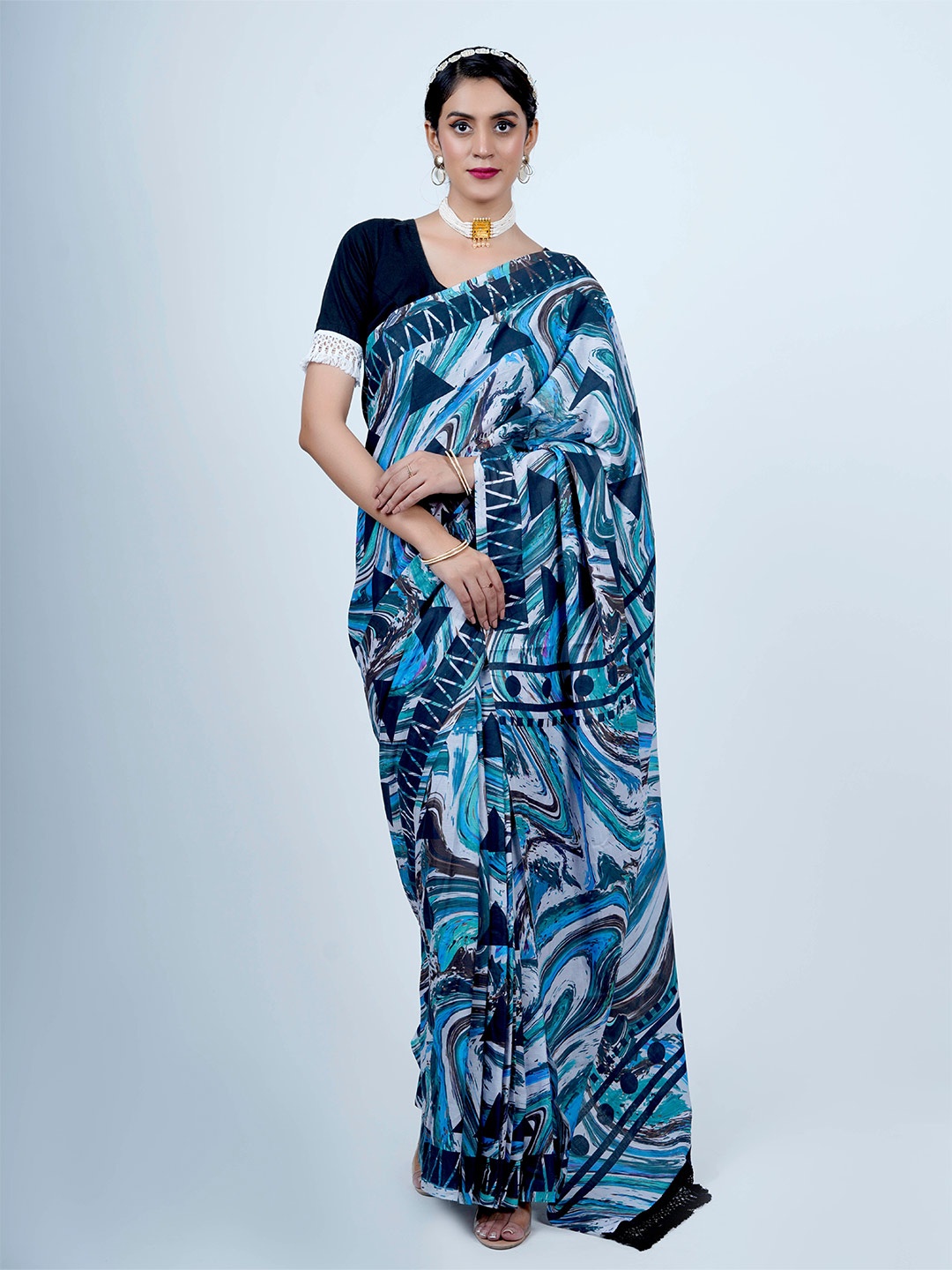 

BUTA BUTI Abstract Printed Pure Cotton Saree, Navy blue