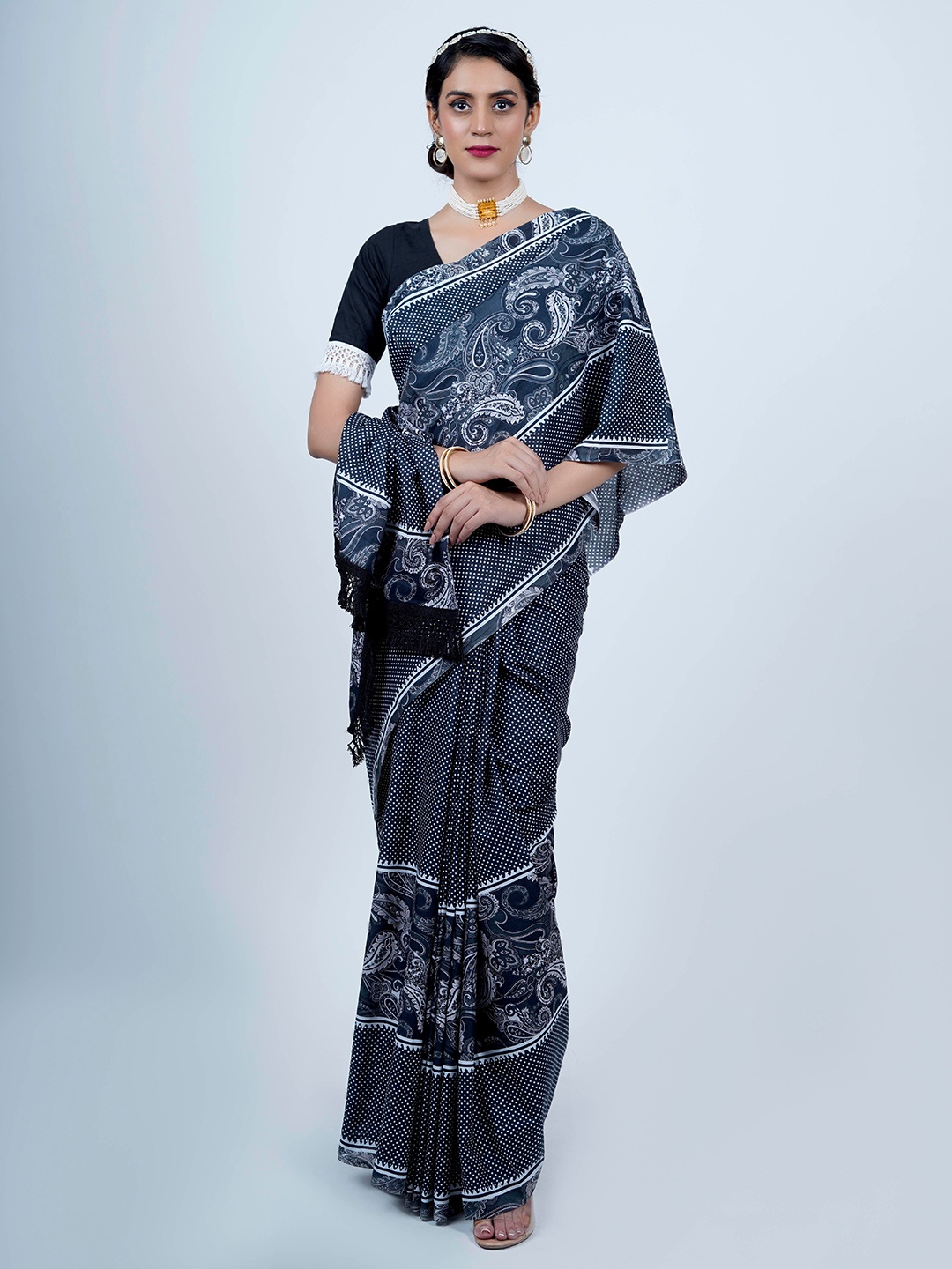 

BUTA BUTI Paisley Printed Pure Cotton Saree, Black