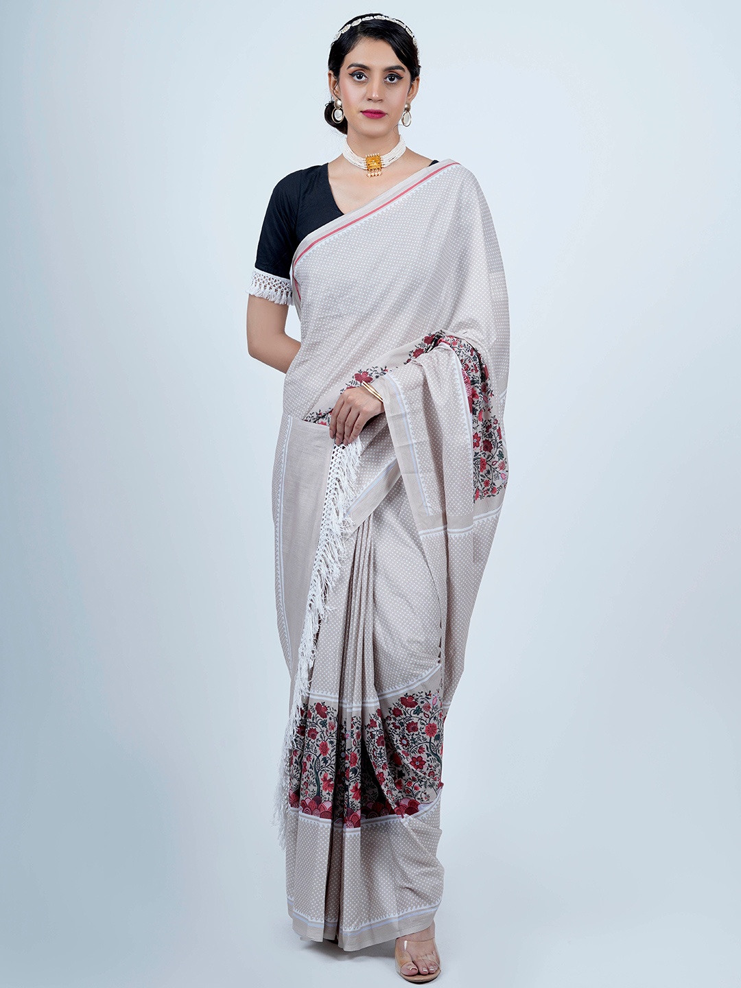 

BUTA BUTI Floral Printed Pure Cotton Saree, Off white