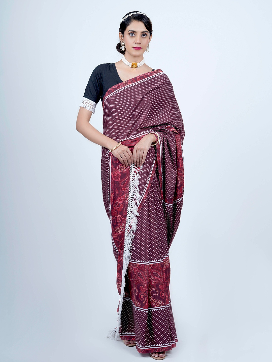 

BUTA BUTI Polka Dots Printed Pure Cotton Saree, Red