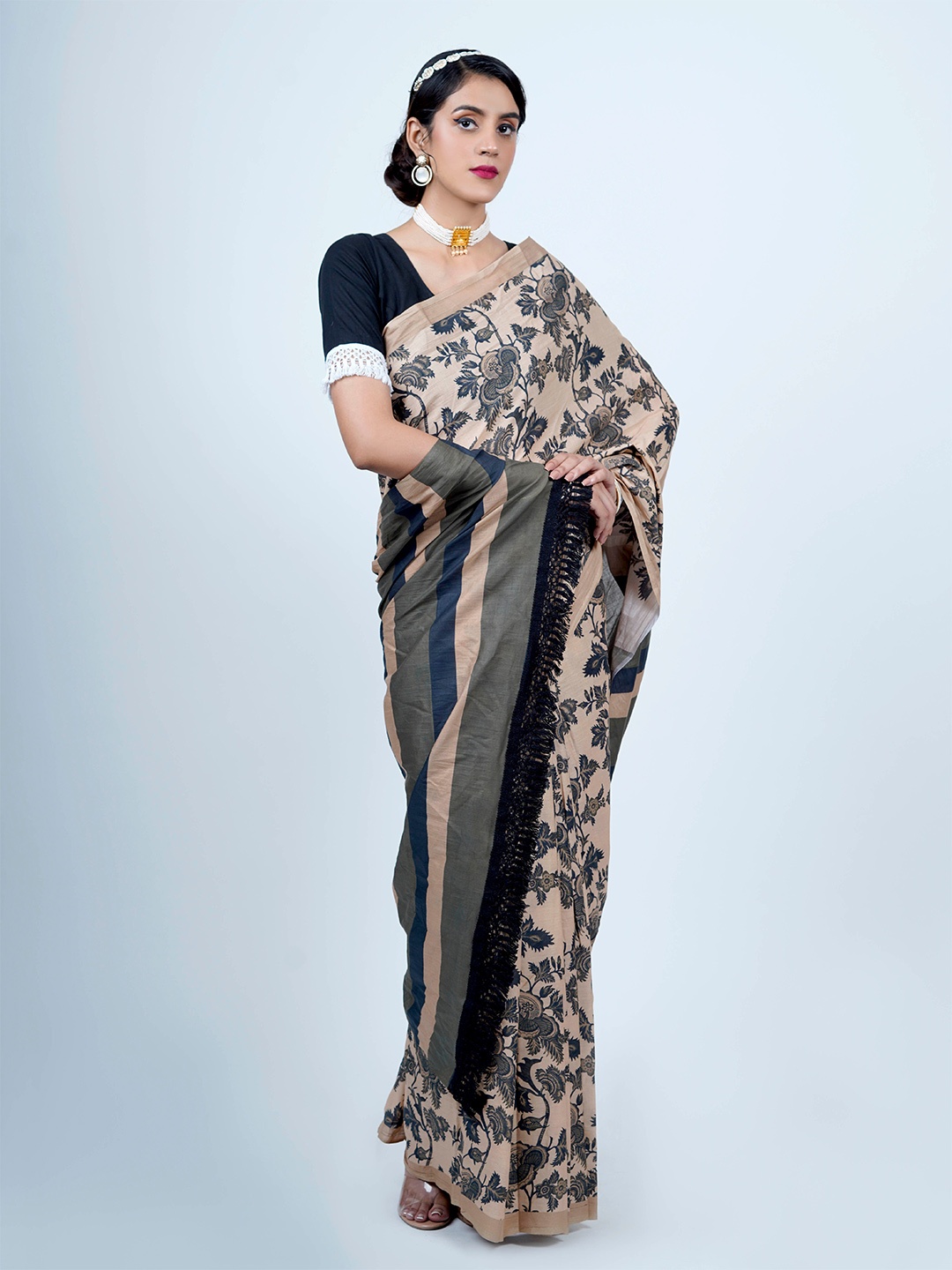 

BUTA BUTI Floral Printed Pure Cotton Saree, Taupe