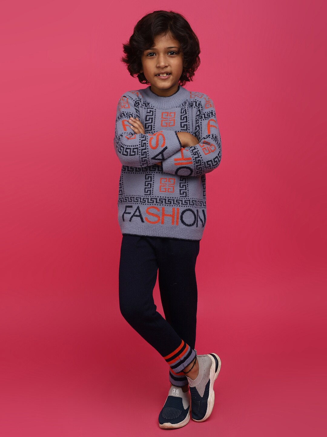 

V-Mart Boys Typography Printed Acrylic Sweater With Trousers, Blue