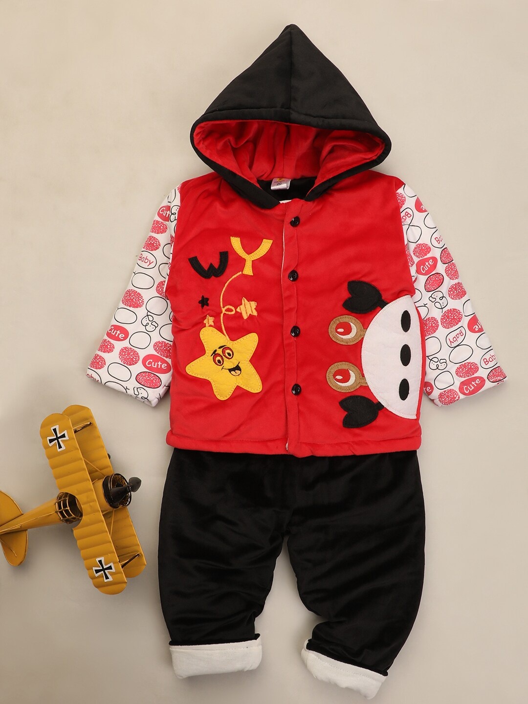 

V-Mart Infant Kids Printed Hooded Pure Cotton Shirt With Trousers, Red