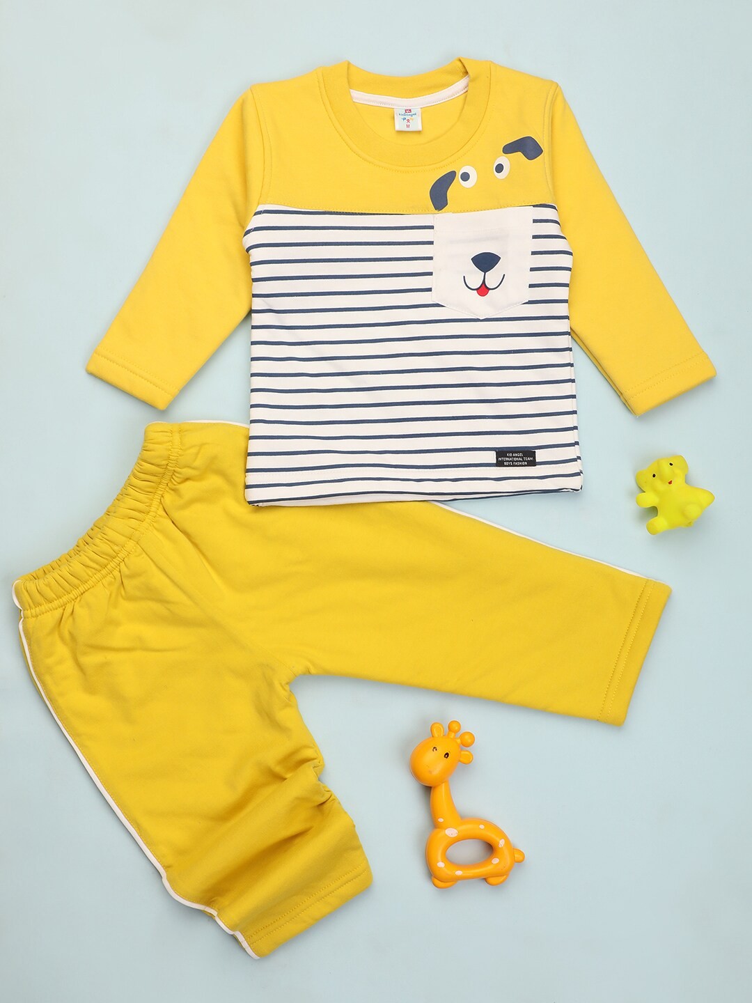 

V-Mart Infants Kids Striped Pure Cotton T-shirt With Trousers, Mustard