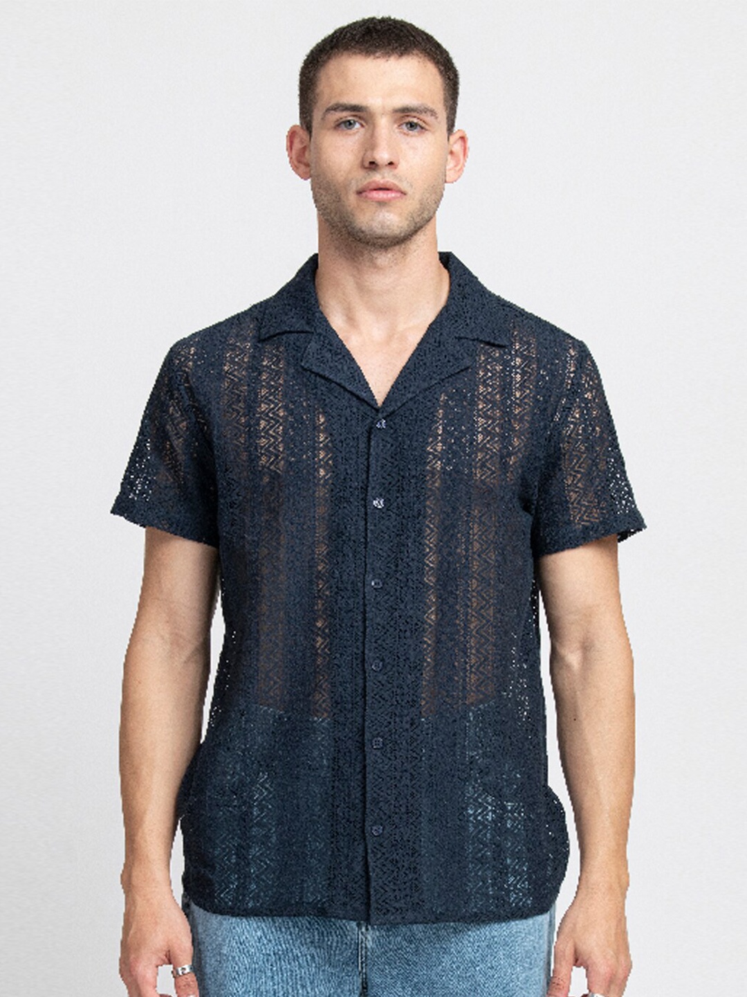 

KISSOSS Classic Self Design Short Sleeves Lace Casual Shirt, Navy blue