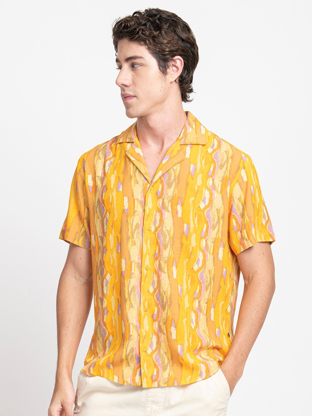 

KISSOSS Slim Fit Abstract Printed Cuban Collar Casual Shirt, Mustard