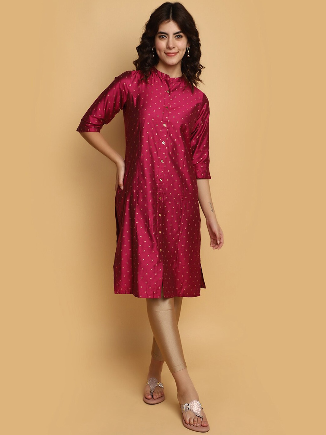 

V-Mart Ethnic Motifs Printed Mandarin Collar Straight Kurta, Fuchsia