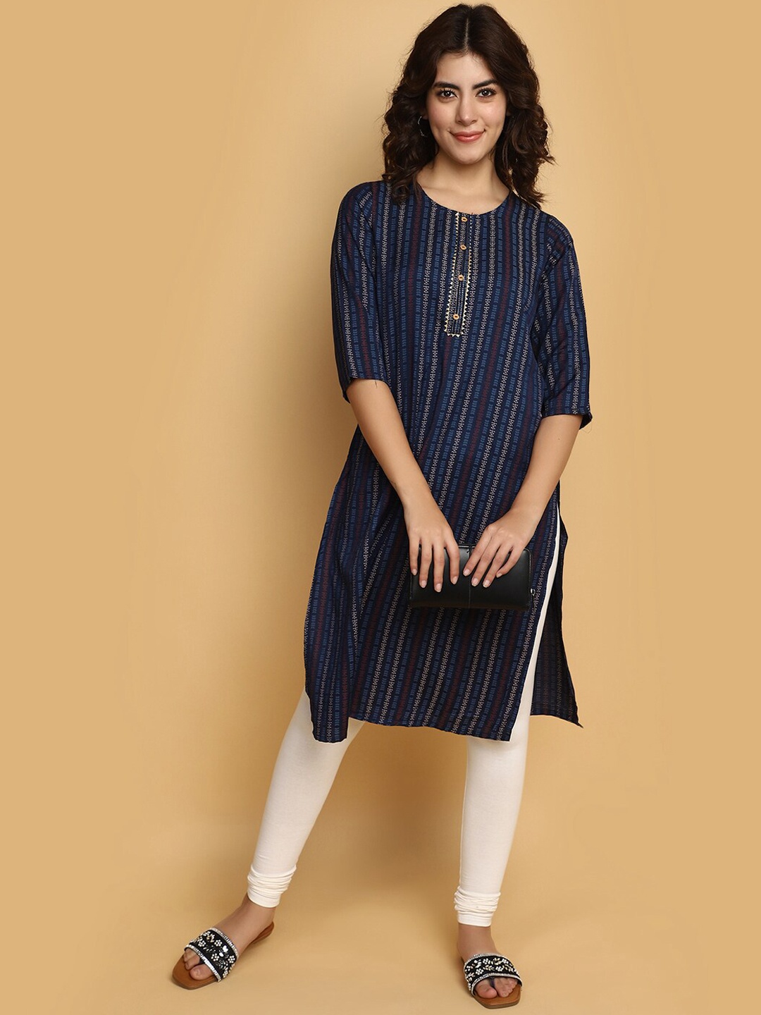 

V-Mart Striped Round Neck Gotta Patti Straight Kurta, Blue