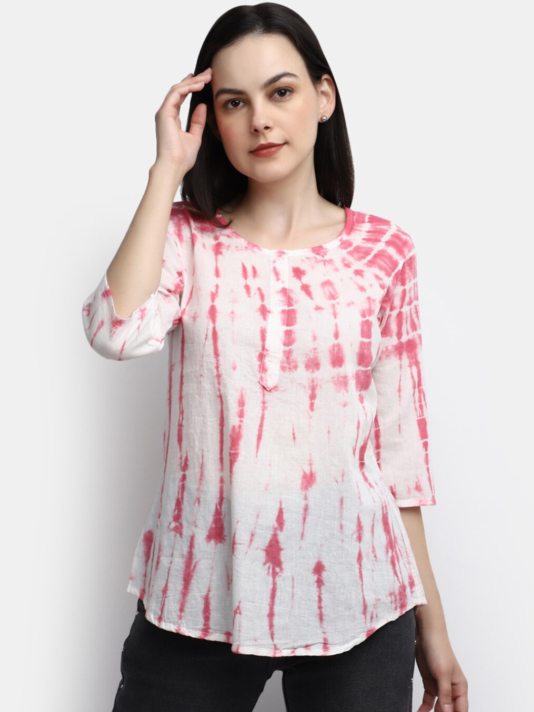 

V-Mart Tie & Dyed Henley Neck Top, Pink