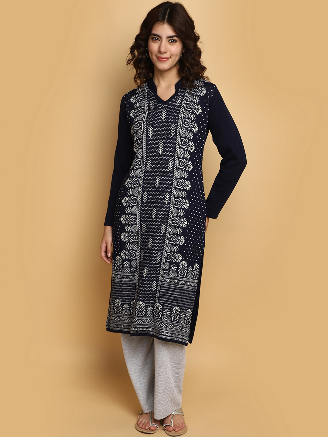 

V-Mart Straight Woven Design Mandarin Collar Cotton Straight Kurta, Blue
