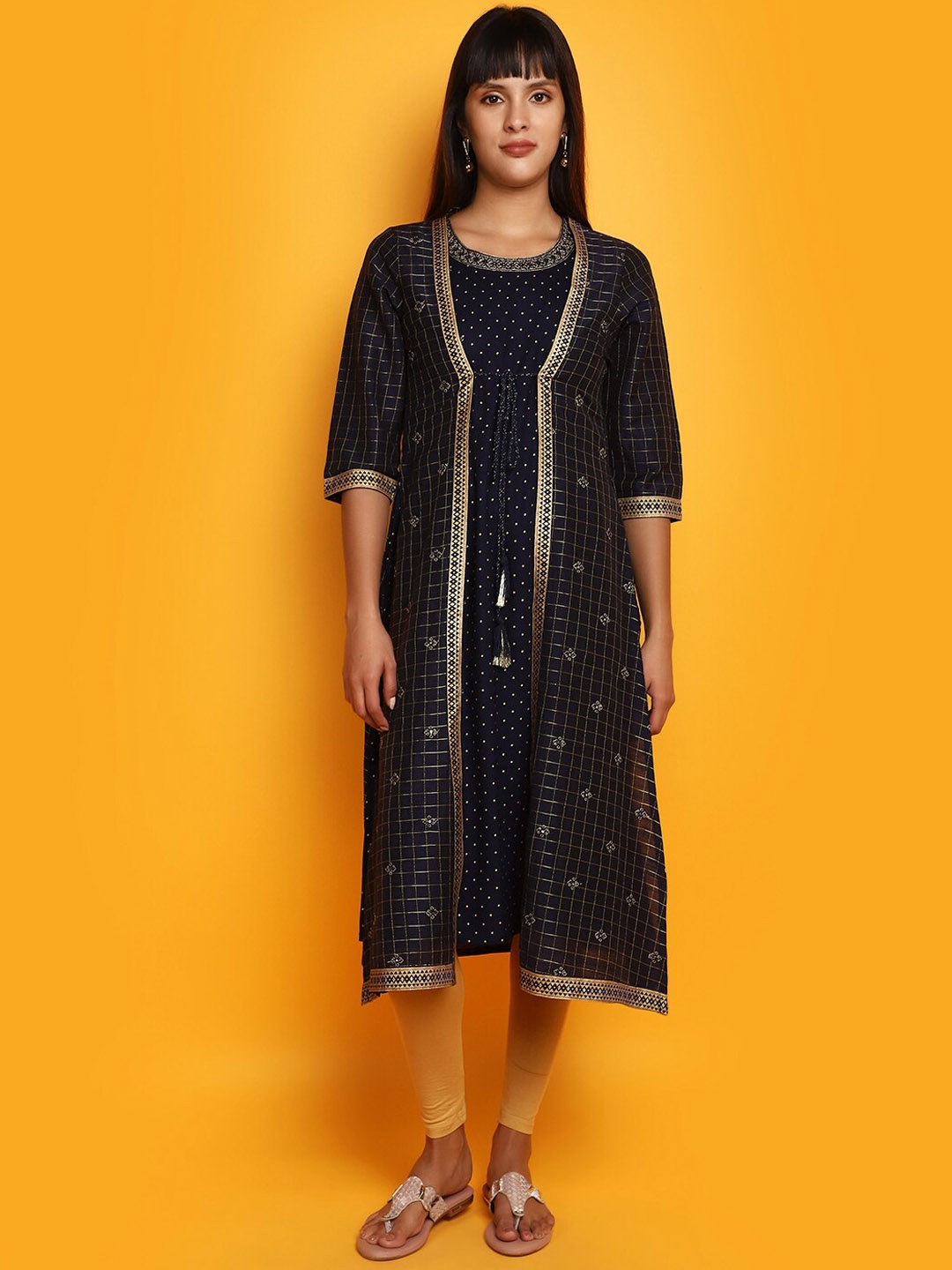 

V-Mart Geometric Printed Thread Work Chanderi Cotton Layered A-Line Kurta, Navy blue