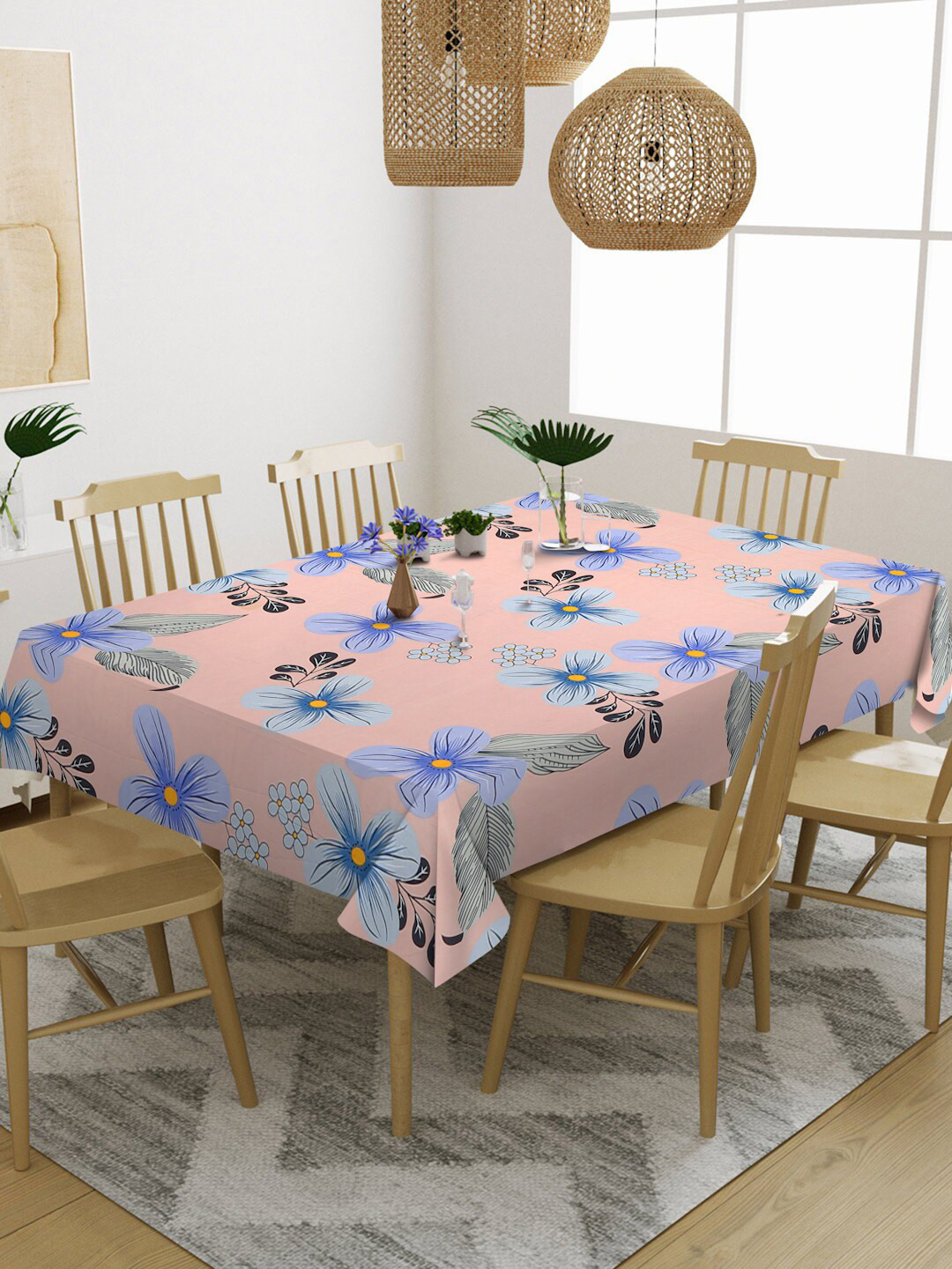 

KLOTTHE Orange Colored & Blue Floral Printed 6-Seater Rectangular Table Cover