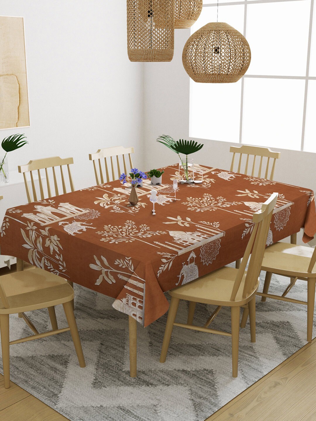 

KLOTTHE Brown & Beige Ethnic Motifs Printed 6-Seater Rectangular Table Cover