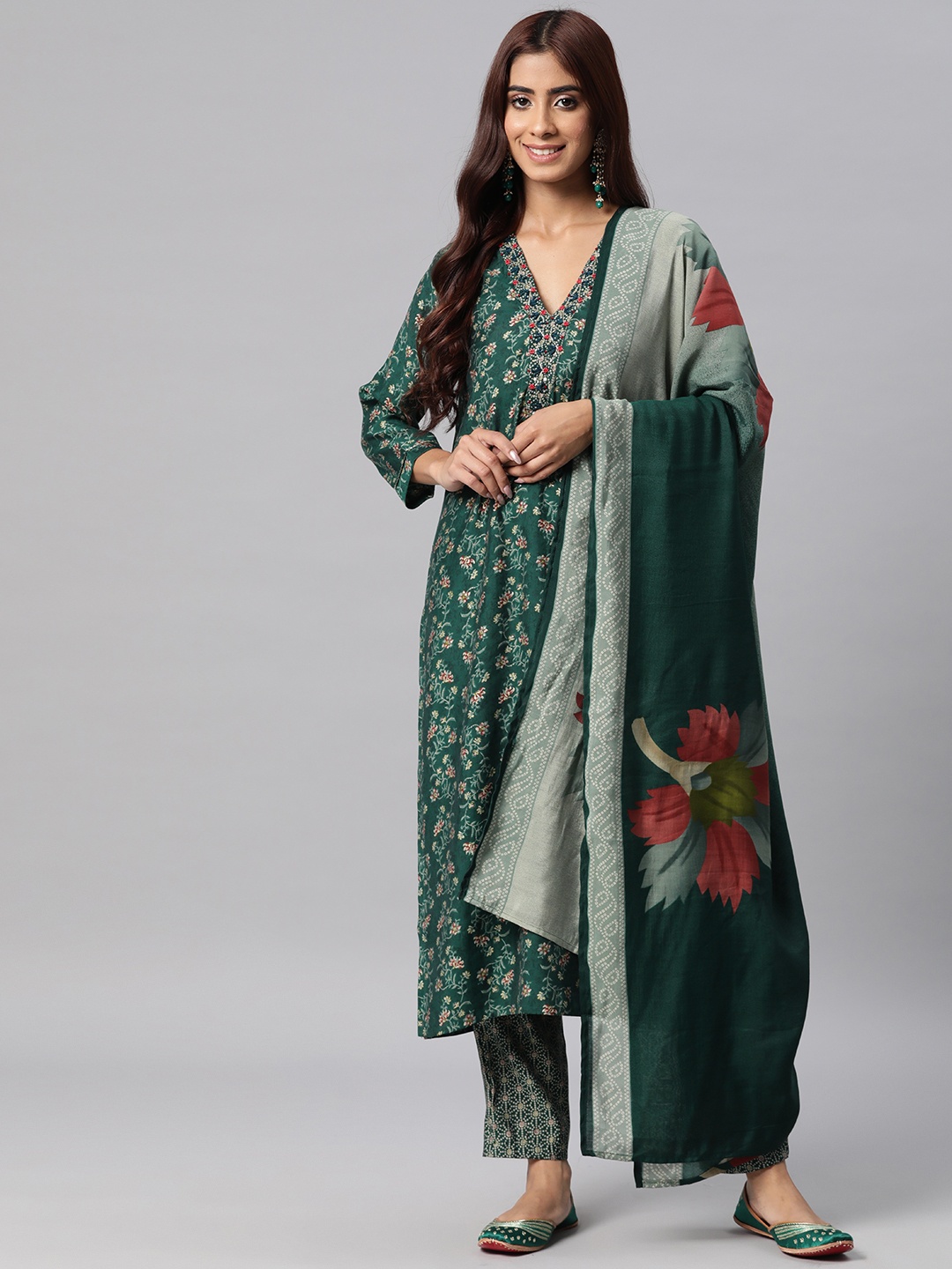 Readiprint Floral Printed Regular Pure Silk Kurta with Trousers & Dupatta, Green