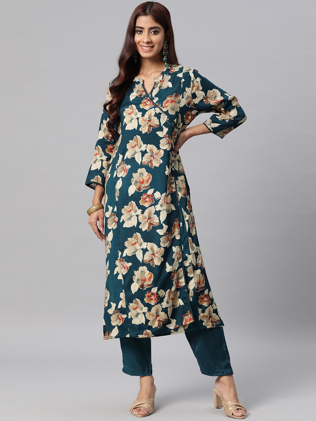 

Readiprint Floral Printed Angrakha Pure Silk Kurta with Trousers, Teal