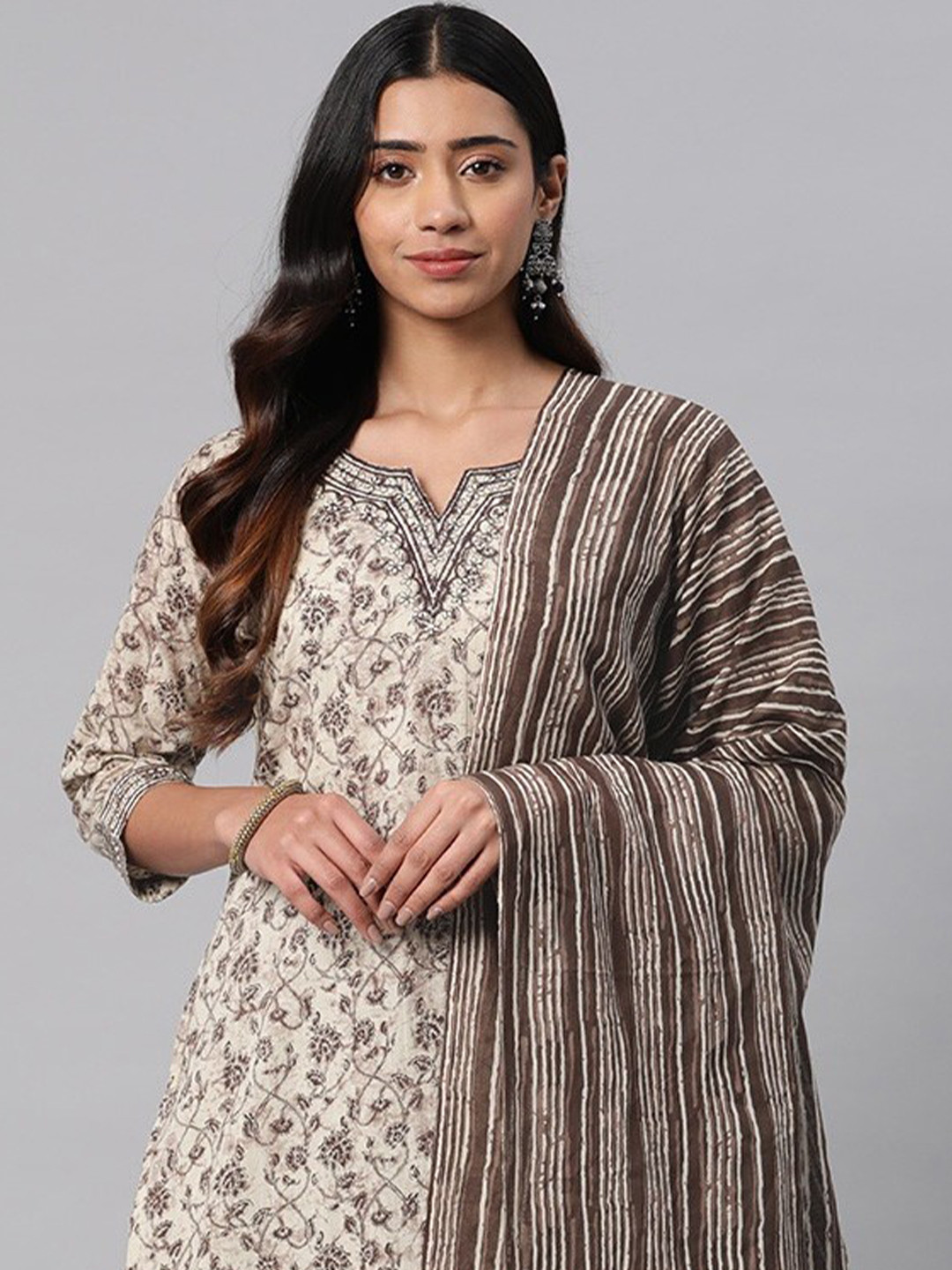 

Readiprint Women Floral Printed Sequinned Cotton Kurta with Trousers & Dupatta, Beige