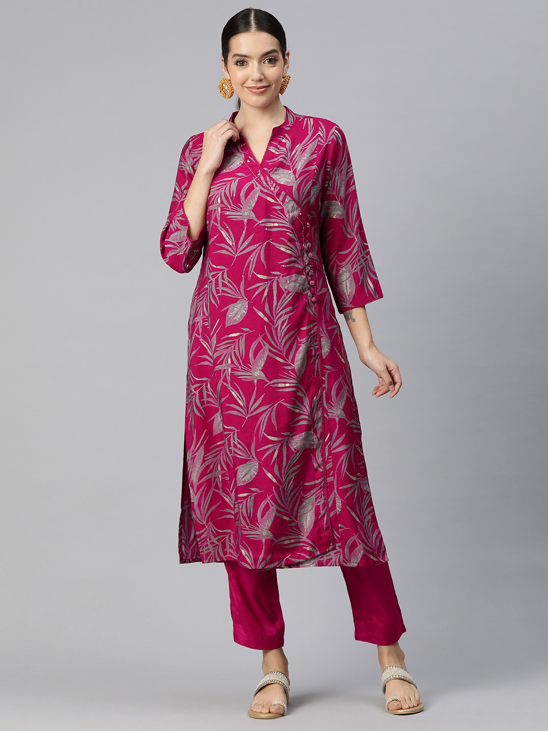 

Readiprint Women Floral Printed Angrakha Sequinned Pure Silk Kurta with Trousers, Pink