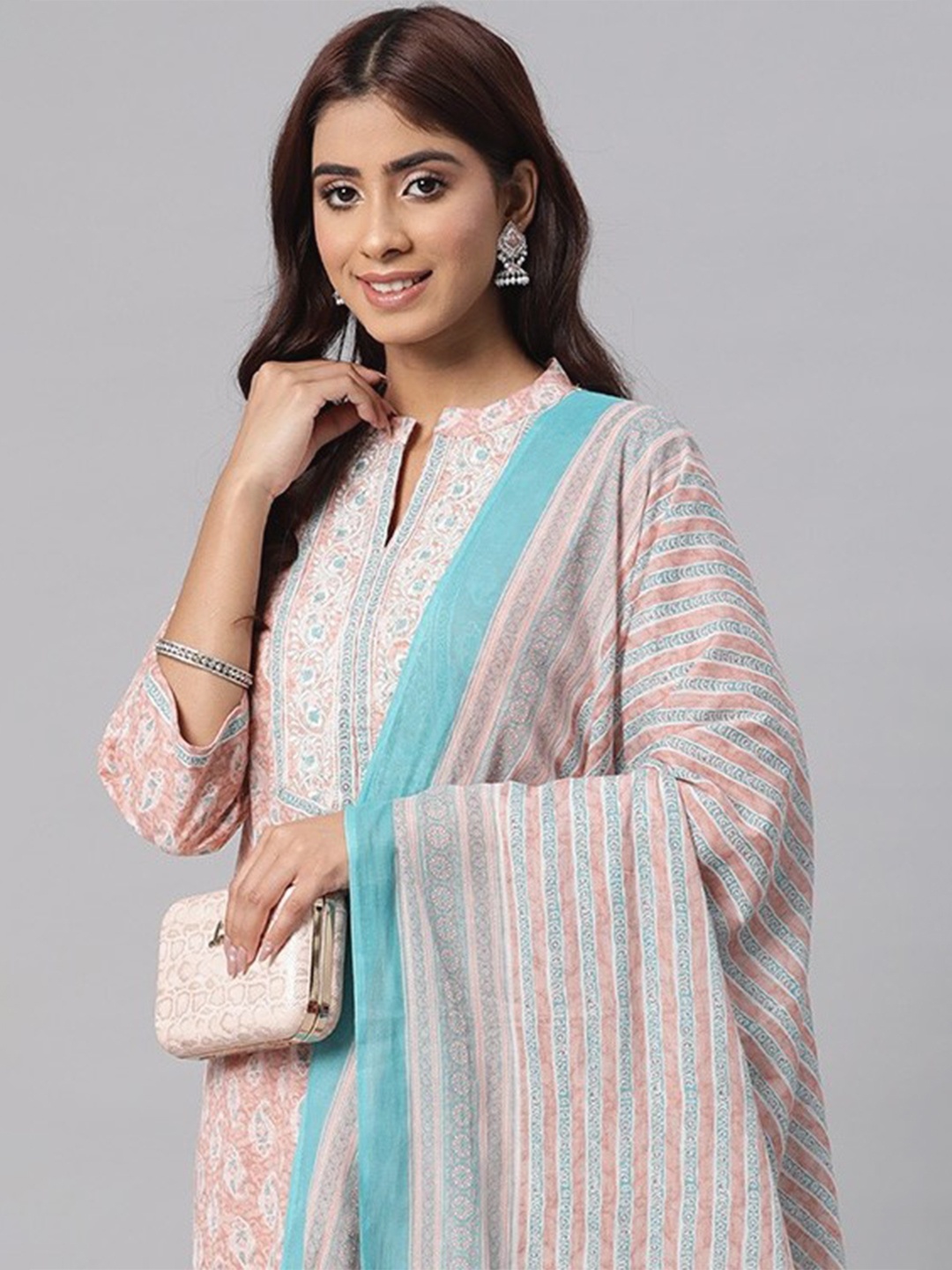 

Readiprint Fashions Women Ethnic Motifs Embroidered Cotton Kurta with Trousers & Dupatta, Peach