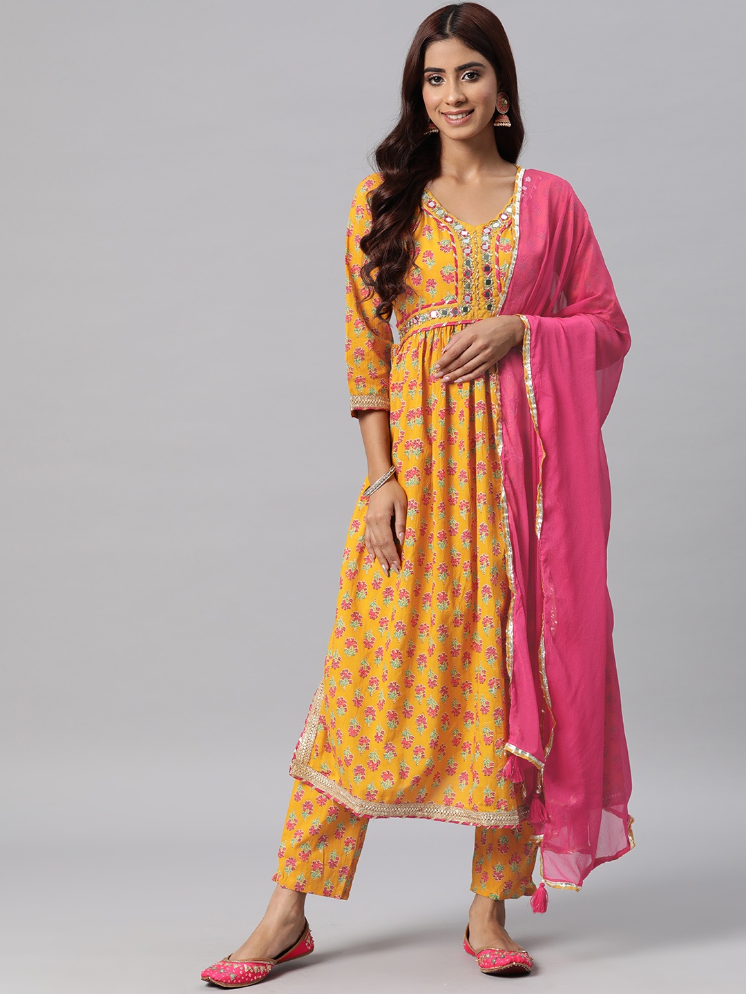 

Readiprint Fashions Floral Printed Mirror Work Pure Cotton Kurta with Trousers & Dupatta, Yellow