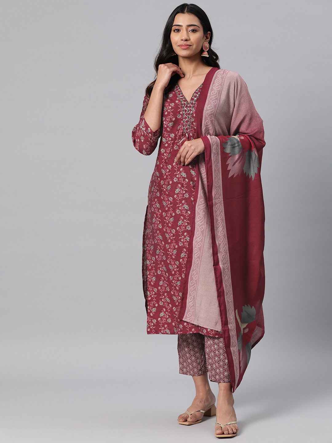 

Readiprint Floral Printed Beads and Stones Silk Kurta with Trousers & Dupatta, Burgundy