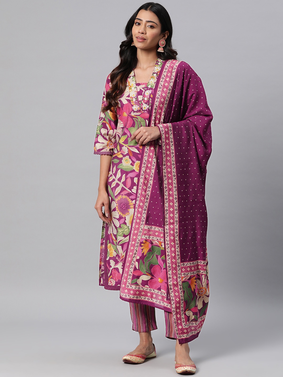 

Readiprint Fashions Ethnic Motifs Printed Sequinned Silk Kurta with Trousers & Dupatta, Purple