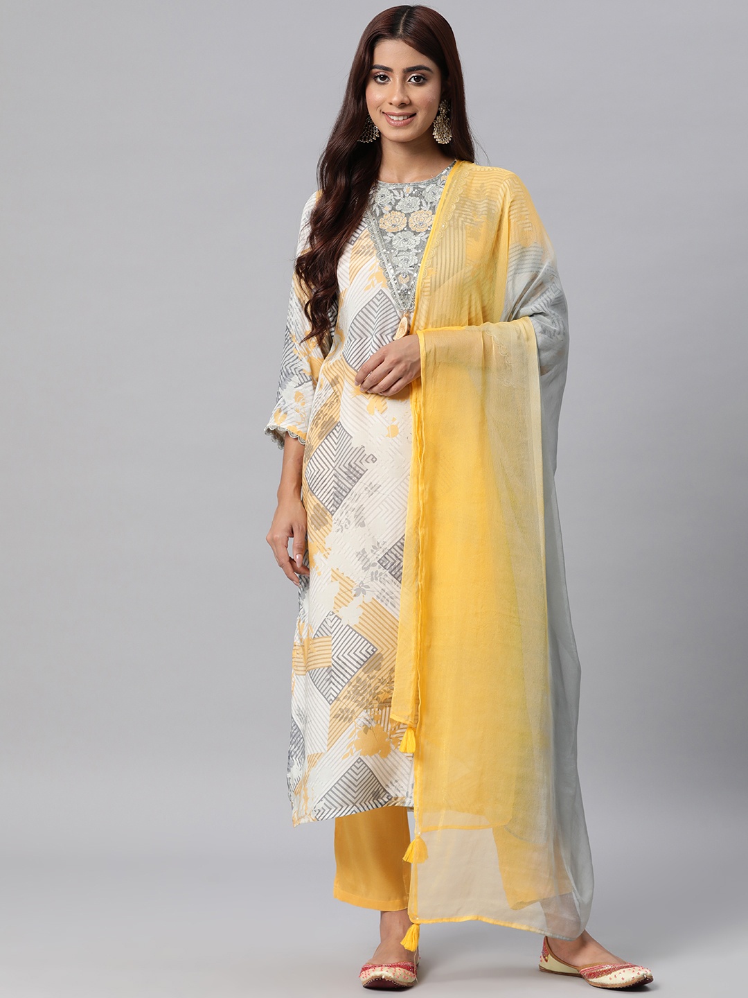 

Readiprint Fashions Floral Yoke Design Mirror Work Silk Kurta with Trousers & Dupatta, Grey