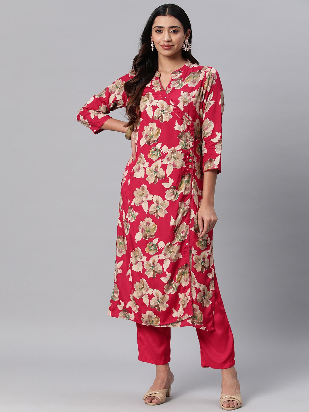 Readiprint Women Floral Printed Angrakha Sequinned Pure Silk Kurta with Trousers, Red