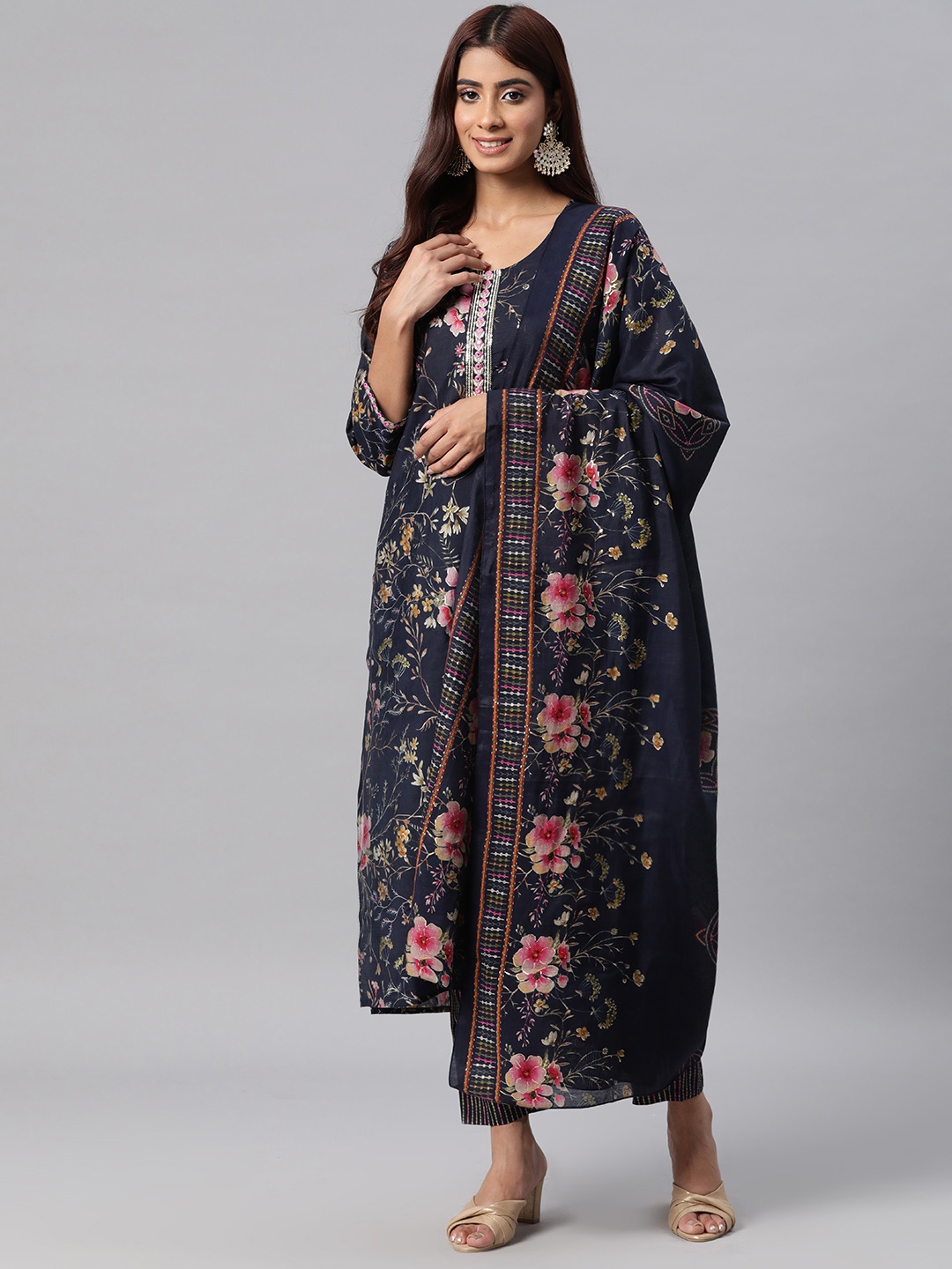 

Readiprint Women Floral Printed Mirror Work Silk Kurta with Trousers & Dupatta, Navy blue