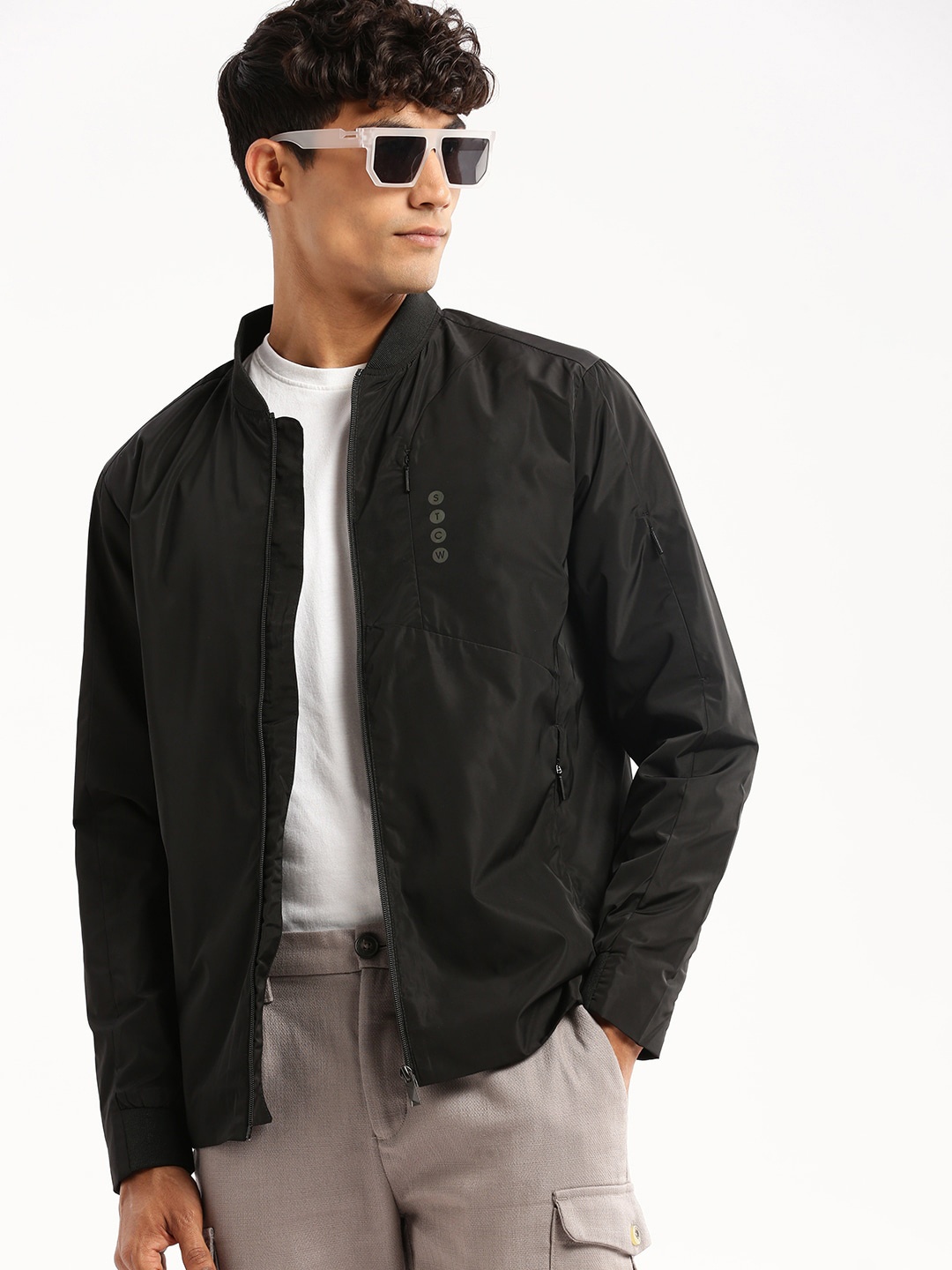 

SHOWOFF Stand Collar Windcheater Taslon Slim Fit Bomber Jacket, Black