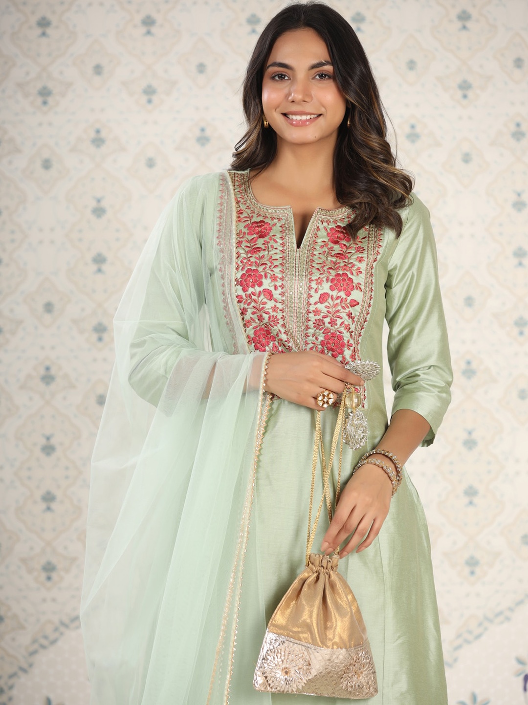 

Ode by House of Pataudi Embroidered Gota Patti A-Line Kurta with Trousers and Dupatta, Sea green