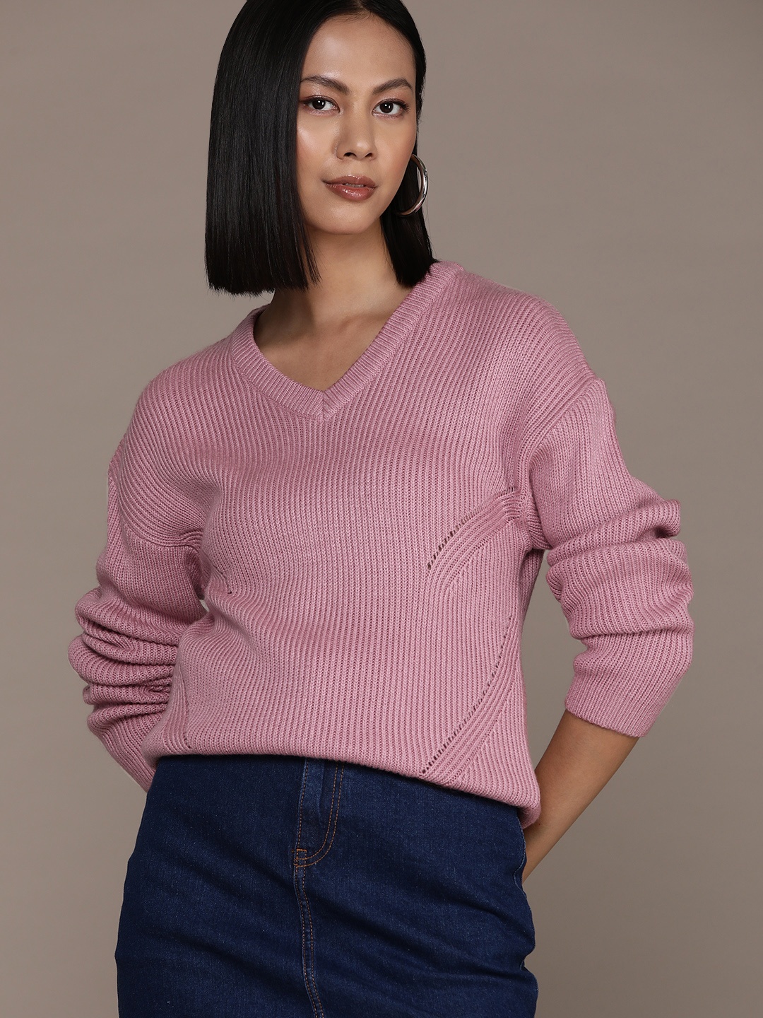 

Roadster Women Self Design Cable Knit Pullover Sweater, Pink
