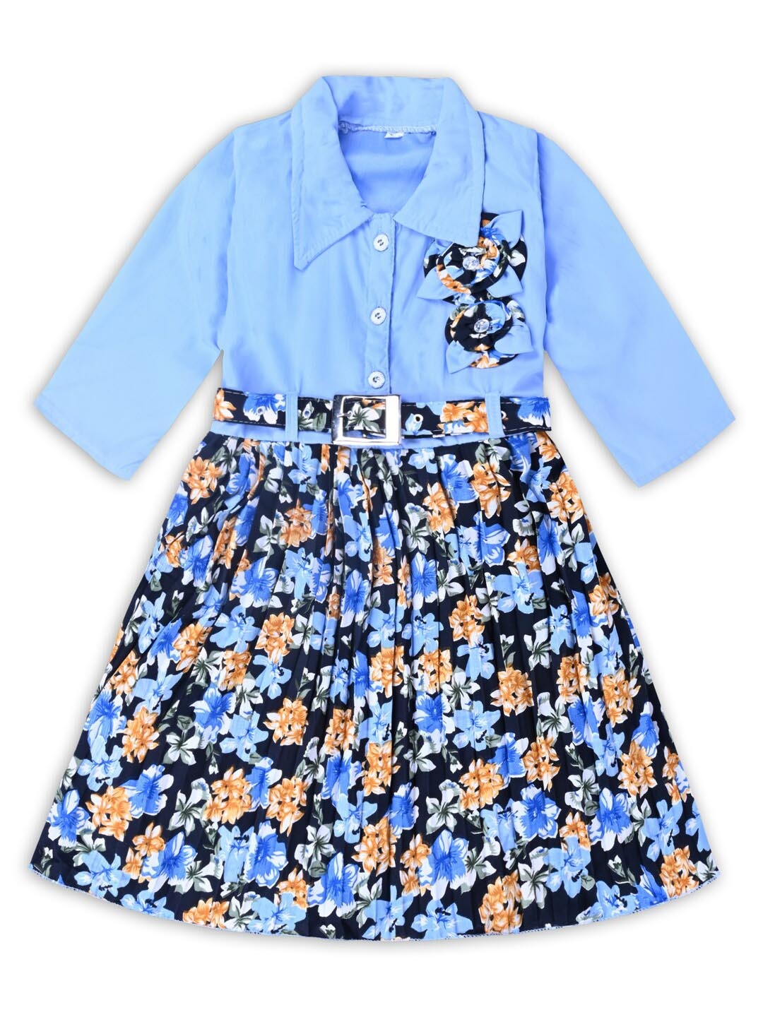 

Wish Karo Girls Floral Printed Belted Fit & Flare Dress, Blue