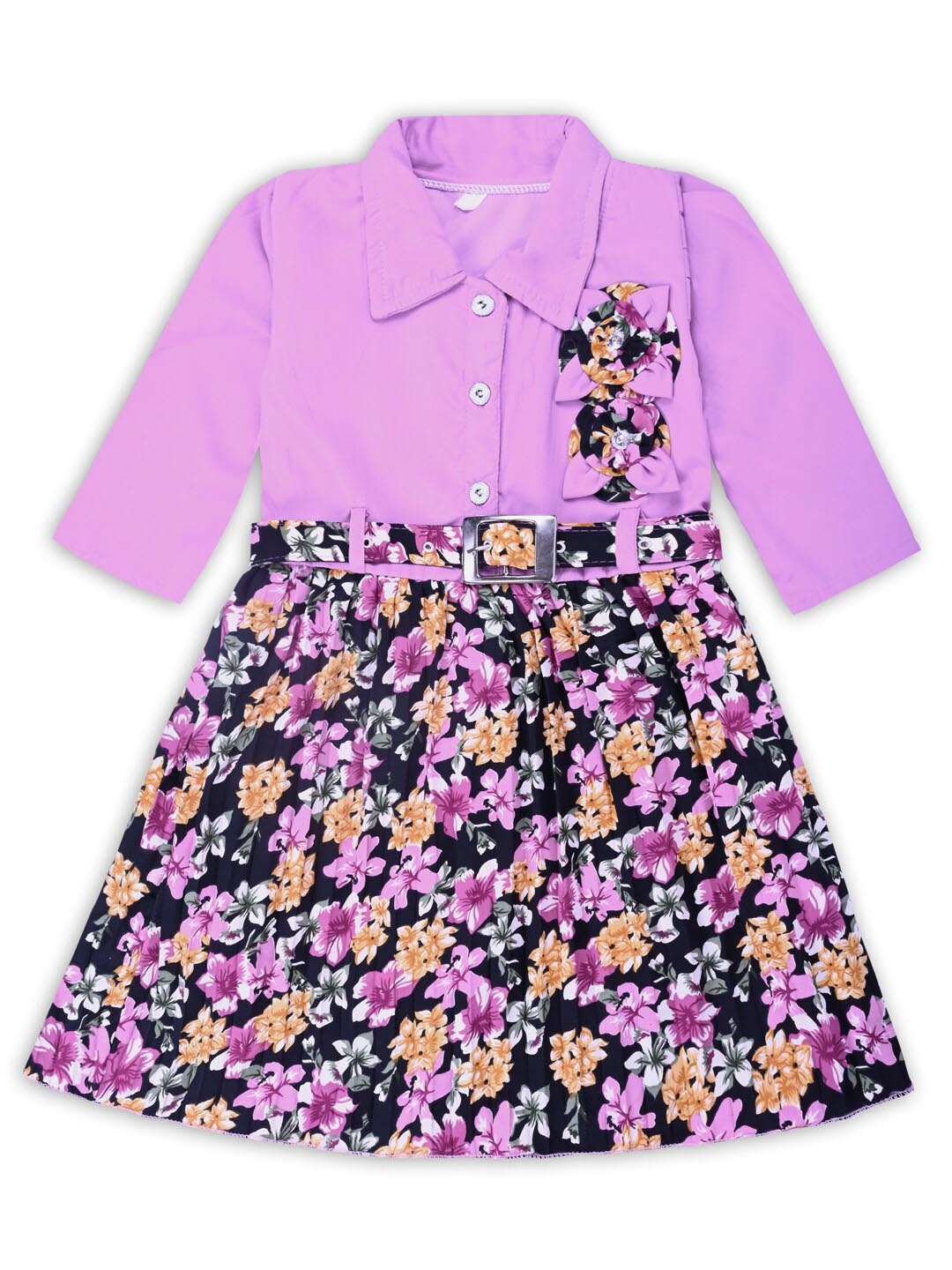 

Wish Karo Girls Floral Printed Shirt Collar Silk Satin Fit & Flare Dress, Purple
