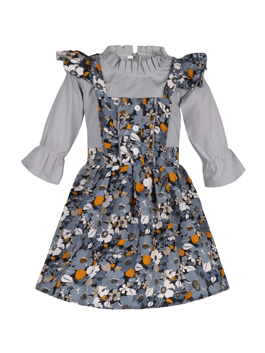 

Wish Karo Girls Floral Printed High Neck Bell Sleeves Ruffles Silk Satin Fit & Flare Dress, Grey