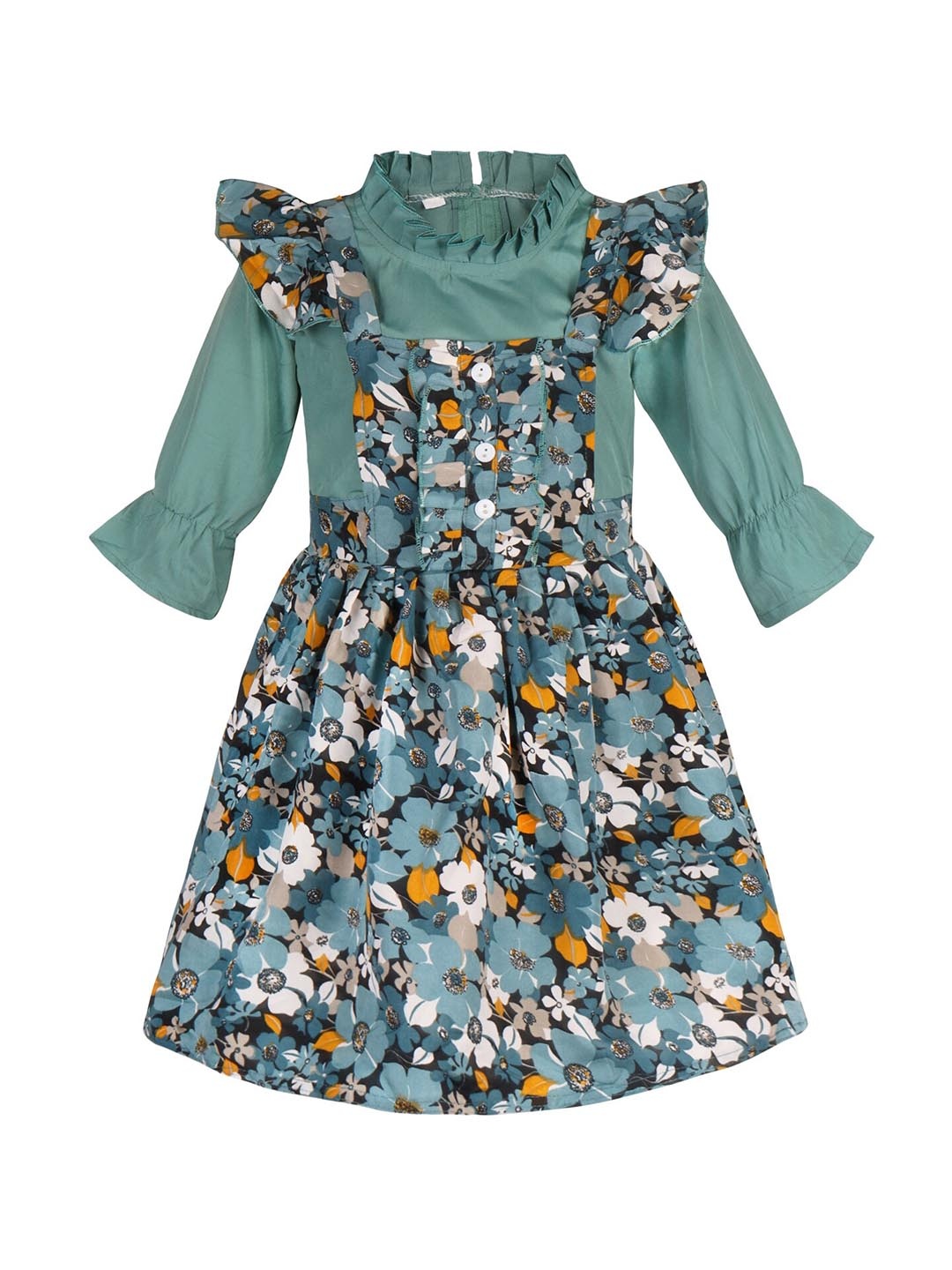 

Wish Karo Girls Floral Printed Satin Fit & Flare Dress, Green