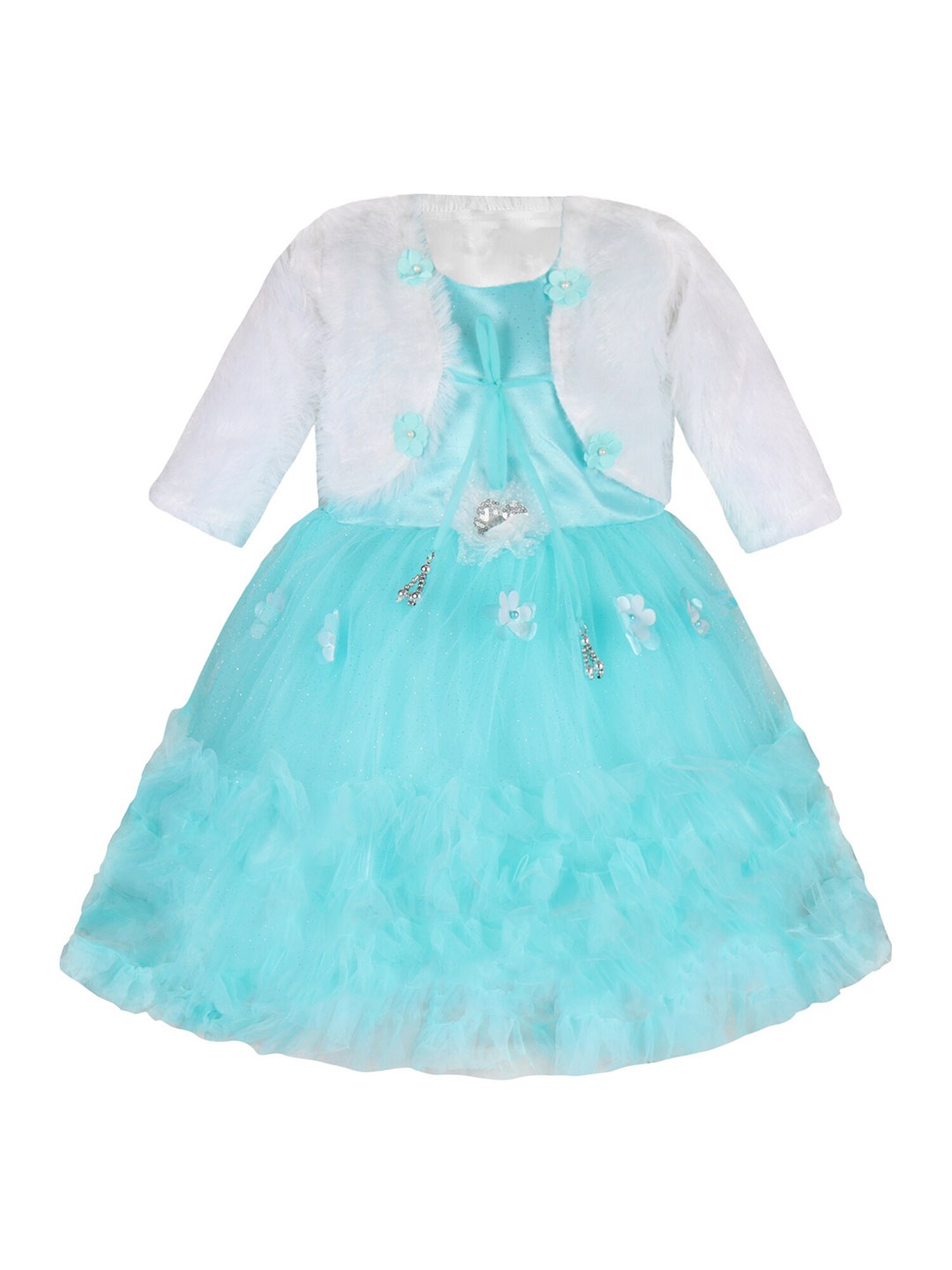 

Wish Karo Girls Embellished Tie-Ups Net Fit & Flare Dress With Jacket, Blue