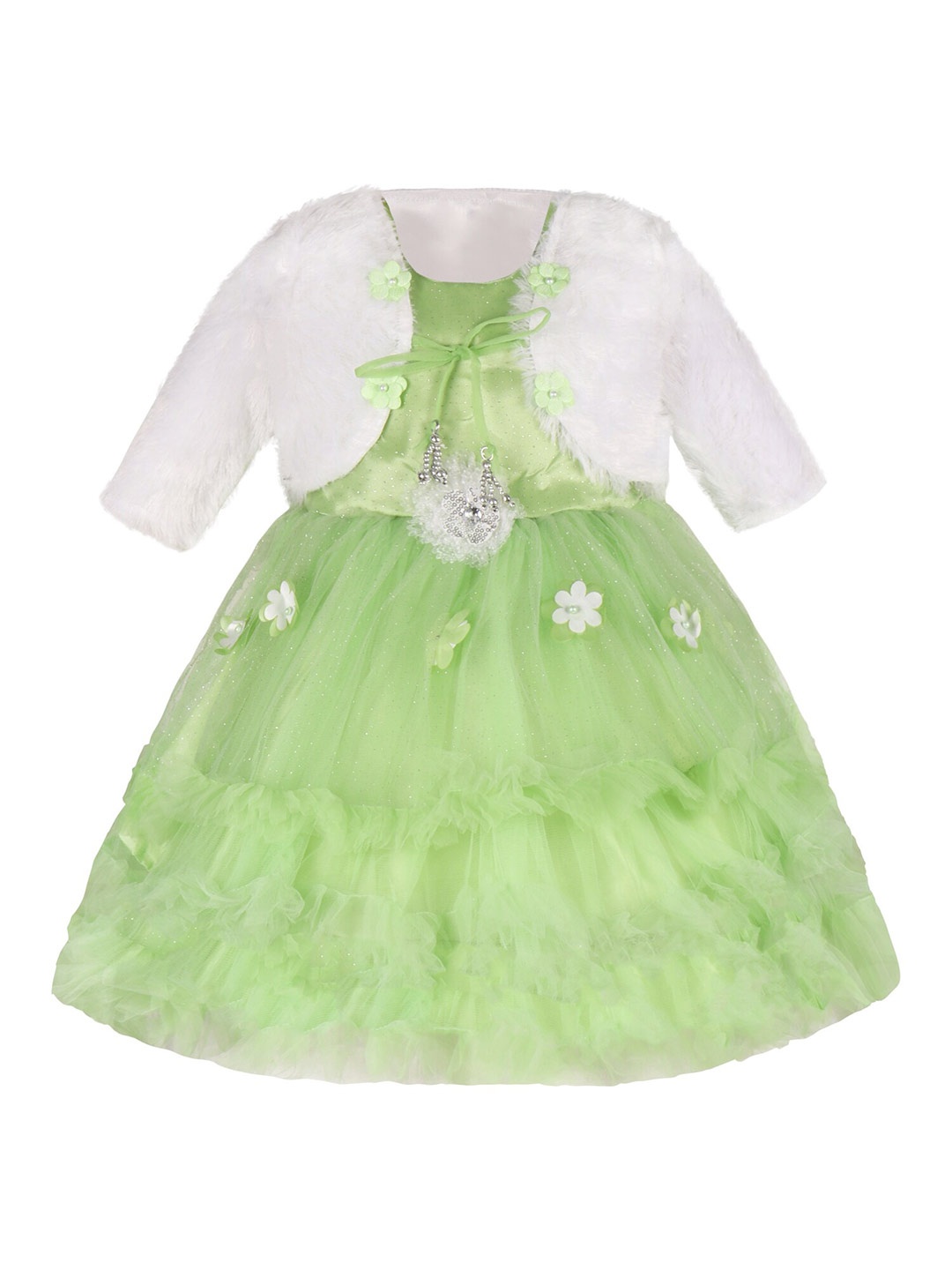 

Wish Karo Girls Embellished Tie-Ups Net Fit & Flare Dress With Jacket, Sea green