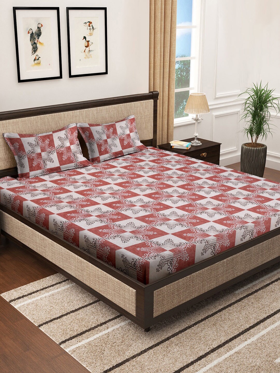 

KLOTTHE Rust & White Floral Cotton 400 TC Super King Double Bedsheet With 2 Pillow Covers