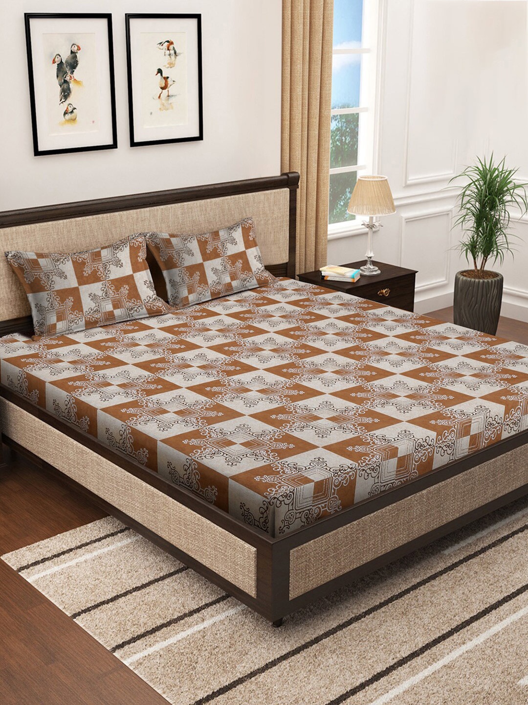 

KLOTTHE Beige & Brown Floral Cotton 400 TC Super King Double Bedsheet With 2 Pillow Covers