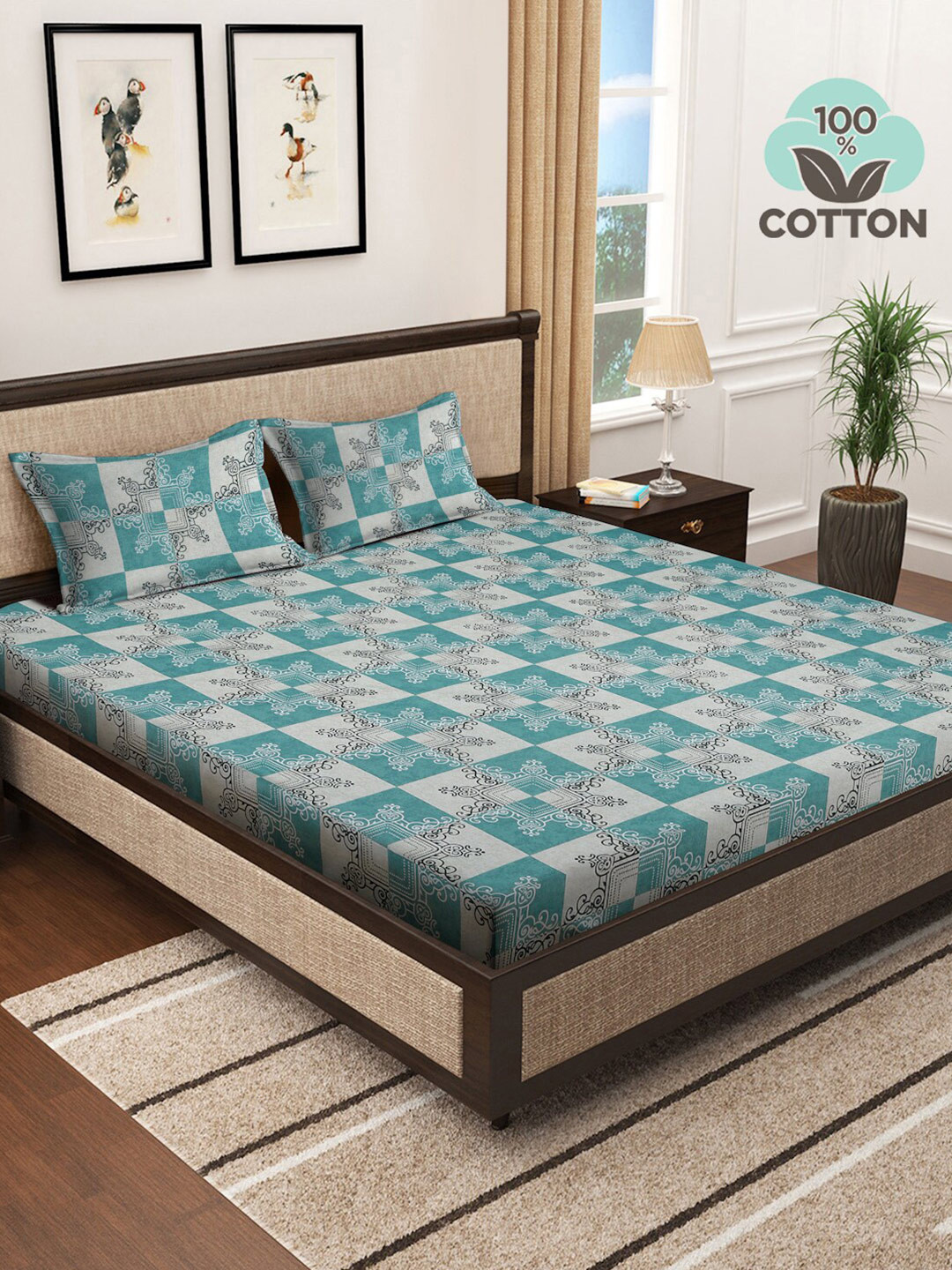

KLOTTHE Green & Beige Floral Cotton 400 TC Super King Double Bedsheet With 2 Pillow Covers
