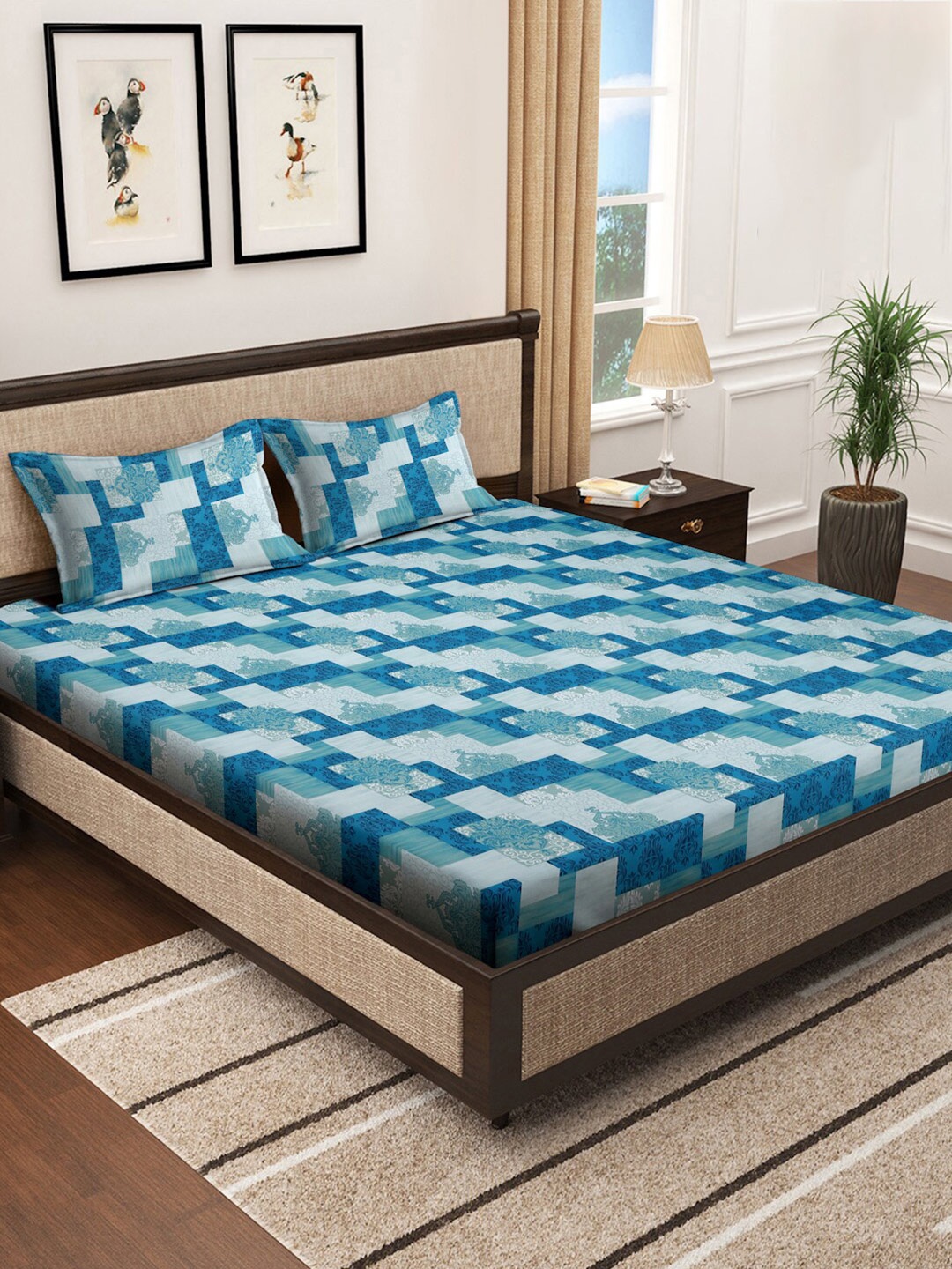

KLOTTHE Blue Geometric Cotton 400 TC Super King Double Bedsheet With 2 Pillow Covers