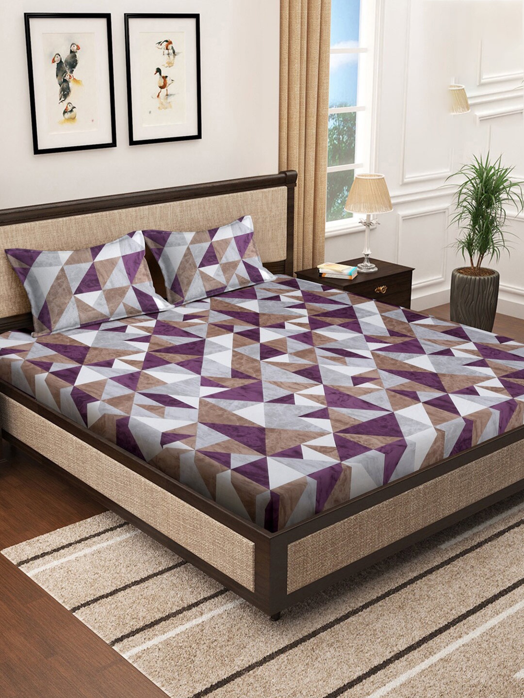 

KLOTTHE Grey Geometric Cotton 400 TC Super King Double Bedsheet With 2 Pillow Covers