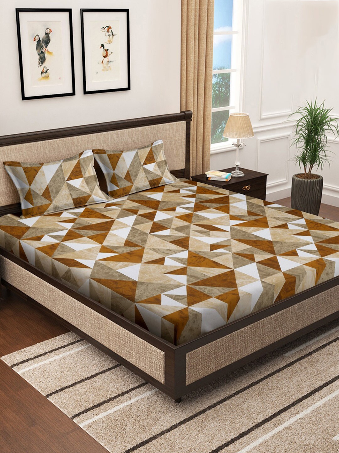 

KLOTTHE Beige Geometric Cotton 400 TC Super King Double Bedsheet With 2 Pillow Covers